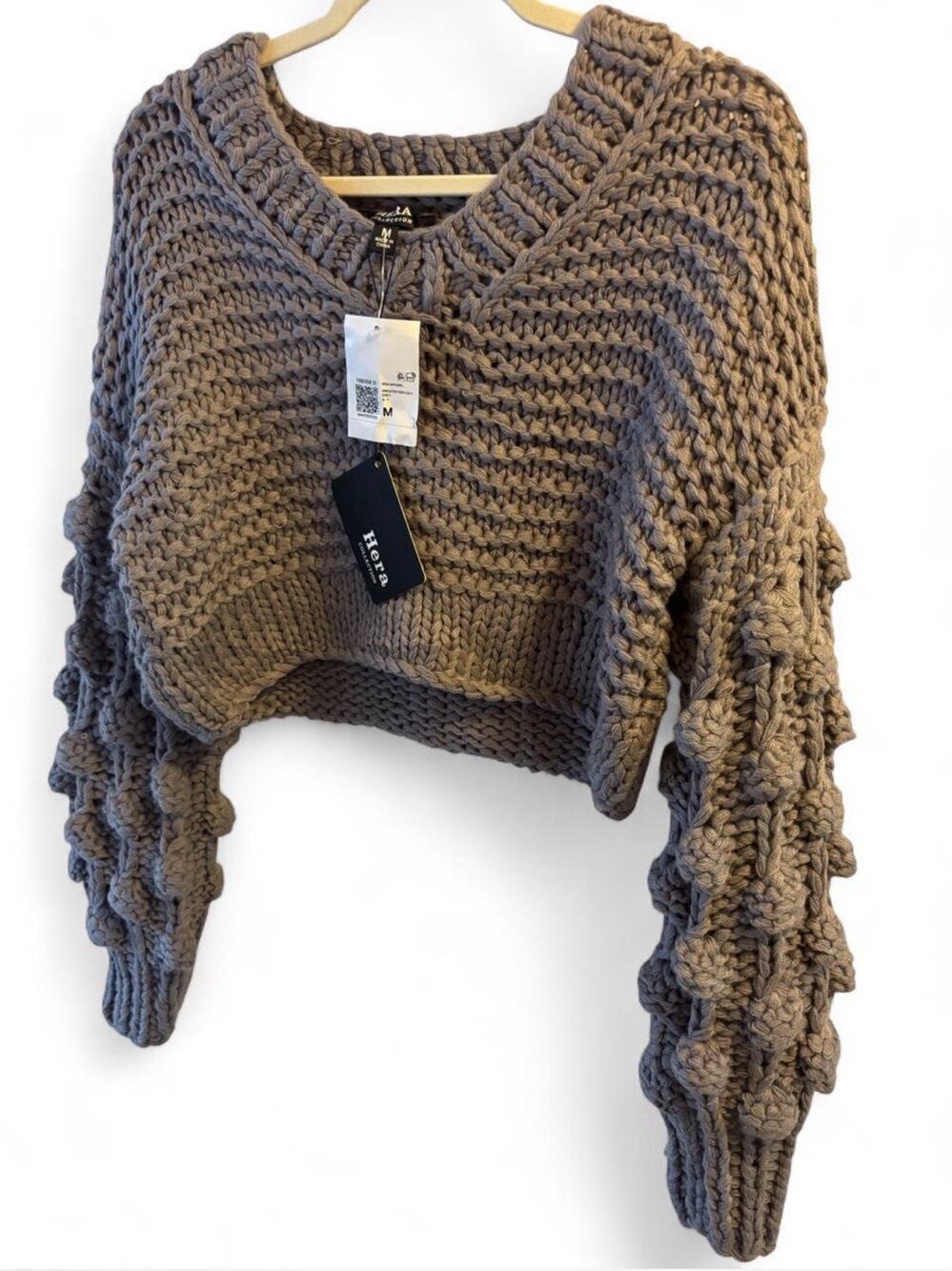 NWT Hera Chunky Knit Sweater Womens M Cropped Balloon Sleeve Boho Indie Cozy Y2
